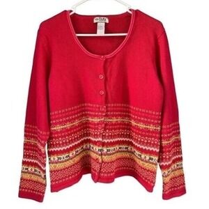 T6 90s‎ Vintage Tiara International Red Fair Isle Cardigan Sweater Ramie Cotton
